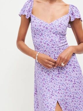 Reformation Baxley dress purple floral print flutter sleeve front slit midi USA